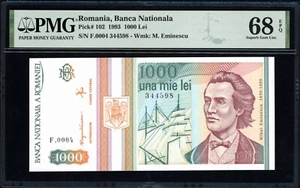 Romania 1993 1,000 Lei National Bank Note PMG Superb Gem Uncirculated 68EPQ - Picture 1 of 3