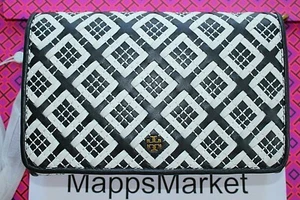 NWT TORY BURCH Robinson Woven Leather Chain Wallet Crossbody Black/Ivory Giftbag - Picture 1 of 12