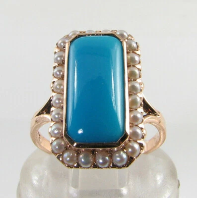 LONG 9K 9CT ROSE PERSIAN TURQUOISE PEARL ART DECO INS RING FREE RESIZE - Image 1 of 4