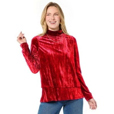 DG2 Diane Gilman Crushed Velvet Mock Neck Easy Top Size XL Long Sleeve Red NEW - Image 1 of 4