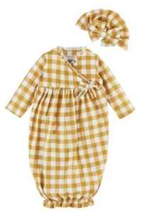 Mud Pie Baby Girl Yellow Gingham Take Me Home Gown And Hat Set Size 0-3 Months - Picture 1 of 2