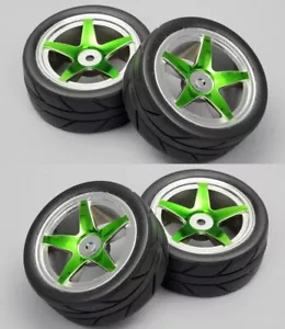 4pc Green Chrome Wheels w/On Road Racing Tires For 1/10 Scale RC Touring Car - Picture 1 of 1