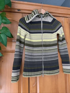 J.Crew Striped Rib Knit Sweater Small Zip Front Olive Tan Yellow Vintage SZ S - Picture 1 of 9