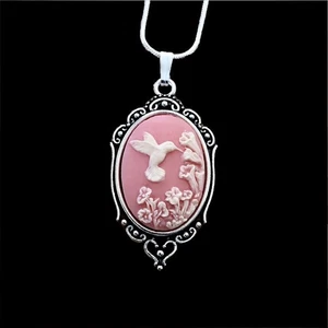 Pink Hummingbird Cameo Necklace Pendant, Cream/Pink, 925 Sterling Silver Chain - Picture 1 of 4