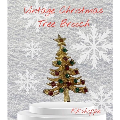 Broche prendedor árbol de Navidad Mylu vintage tono dorado 2" rojo verde estrás estrella Foto 1 de 4