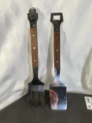 Vintage Stainless Grill BBQ Meat Fork, Spatula & Bottle Opener - Wood Handle - Image 1 of 4