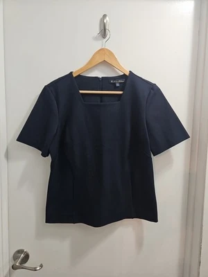 Brooks Brothers fitted square neck blouse top L ponte stretch navy - Image 1 of 4
