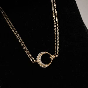 14K Yellow Gold Crescent Moon & Star Zirconia Bracelet Double Chain 19cm 7.5" - Picture 1 of 9