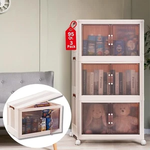 95 QT (285 QT Total) 3 Tier Folding Storage Bins with Doors - Stackable Foldable - Picture 1 of 9