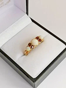 9ct 375 yellow GOLD OPAL & GARNET RING 7 gemstone scroll set - Picture 1 of 12