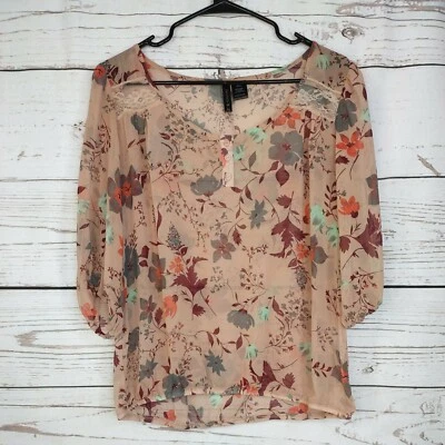 Full Tilt Women's Sheer Pink Floral Shirt Scoop Neck Size 100% Polyester XL Used - Image 1 of 4