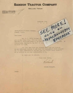 1920 K. V. Hook SAMSON TRACTOR Dallas Texas FARM MACHINERY signed letterhead - Picture 1 of 1