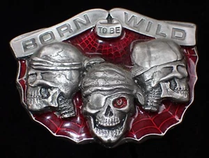 BORN TO BE WILD TRIPLE SKULL WITH SPIDERS WEB BIKER BELT BUCKLE VINTAGE 1994 C&J - Picture 1 of 2