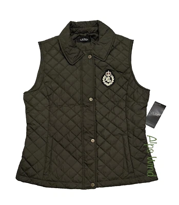 Colete acolchoado Lauren Ralph Lauren feminino com brasão remendo diamante madeira tamanho G novo com etiquetas $140 - Imagem 1 de 4