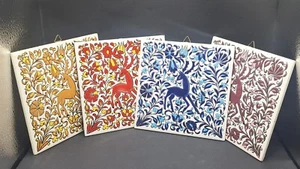 Vintage (4) Handmade Deer/Floral Apollon Keramik Archangelos-Rodos 6" Tile - Picture 1 of 6