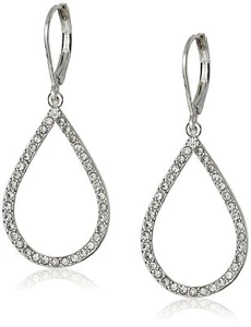 Anne Klein Women's Pierced Earrings Pave Tubular Hoop Silver Teardrop Earrings - Picture 1 of 3