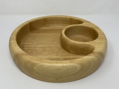 Big Size CRATE & BARREL ROUND WOODEN SEGMENTED CHIP & DIP WOOD BOWL Heavy 12" - Image 1 of 4
