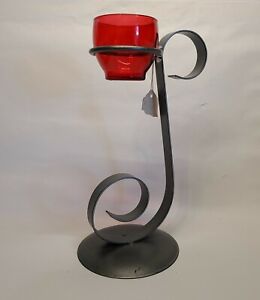 Scroll Candle Holder Iron Metal Brushed Nickel +  Ruby Red Glass Votive