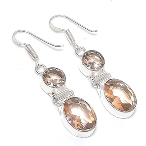 Peach Morganite Gemstone Handmade 925 Sterling Silver Jewelry Earring Size 1.75" - Picture 1 of 1