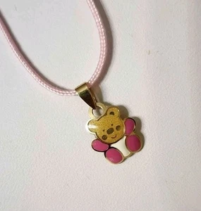 14K Solid Gold Enamel Teddy Bear Pendant Charm Pink Necklace w/ Sterling Clasp - Picture 1 of 10