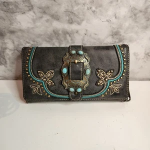 Montana West Wallet Tourquise Buckle Floral Studded Trifold Zipper Coin Western  - Picture 1 of 9