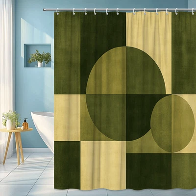 Cortina de ducha geométrica verde y beige para decoración de baño moderna Foto 1 de 4
