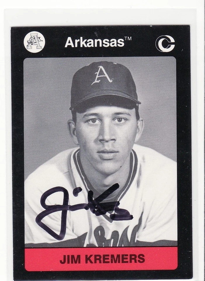 JIM KREMERS AUTOGRAPHED ARKANSAS UNIVERSITY BASEBALL CARD - Image 1 of 1