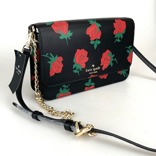 Tracolla Kate Spade Flap Rose Toss Madison pelle nera catena oro KE534 nuova