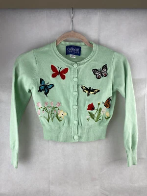 Collectif Cardigan UK 6 XXS EU 32 US 2 Embroidery Butterfly Flower Light Green - Image 1 of 4