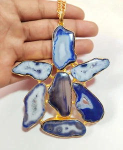 Natural Agate Druzy Necklace Gemstone Necklace In Brass Gold Plated Gift For Her - Picture 1 of 6