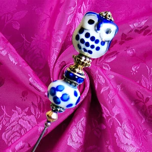 HATPIN with Cute Blue OWL Hand Made Ceramic, Beads & Rhinestones - 8" Brass - Picture 1 of 13