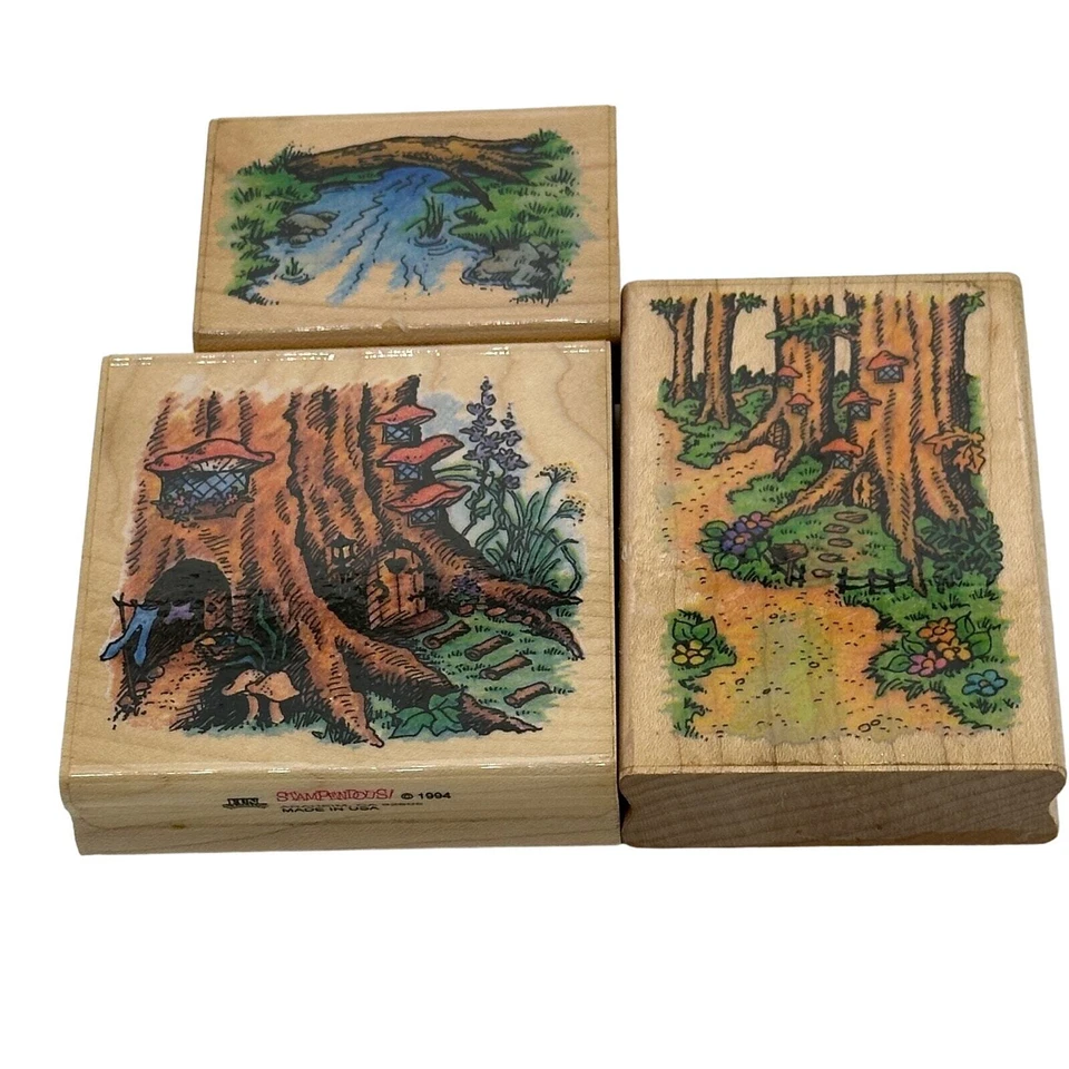 Estampillas de goma tocón de árbol de hadas casas de campo Creek 1994 tarjetas artesanales Foto 1 de 4
