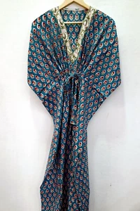 Blue Red Kaftan Maxi Dress Women Floral Print Long Gown Loungewear FREESHIPPING - Picture 1 of 5