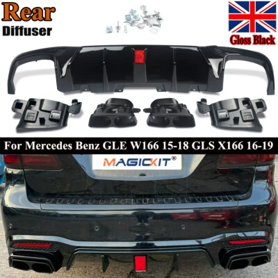 MAGICKIT FOR MERCEDES GLE GLS W166 X166 REAR BUMPER DIFFUSER+TAILPIPES GLOSS BLACK 15-18