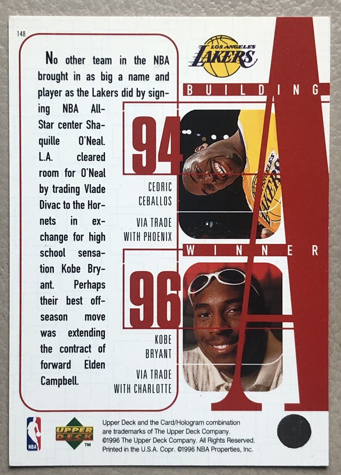 Kobe Bryant 1996-97 Upper Deck Building A winner Lakers Rookie Card #148
