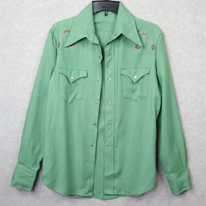 1970s Vintage Western Shirt Pearl Snap Rodeo Green Embroidered Cowboy Handmade - Picture 1 of 14