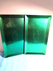 Pair VTG Anodized Aluminum Serving Trays Solid Green 13" X 7.25" Oak Design - Picture 1 of 4