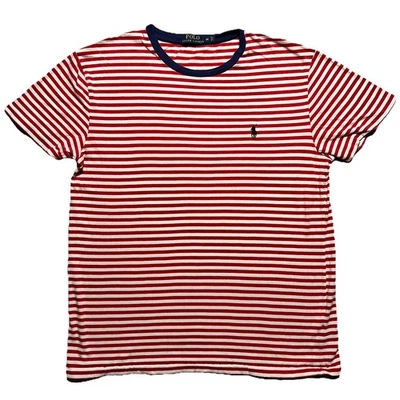 Polo Ralph Lauren Mens M Red White Striped T-Shirt Classic Fit Navy Trim - Image 1 of 4