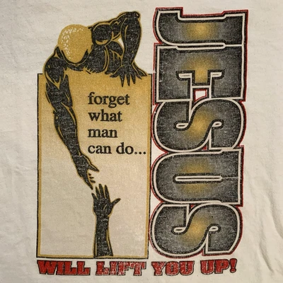 Vtg Jesus Will Lift You Up T-Shirt Christ God Bible Spell Out Script Logo Tee M - Image 1 of 4