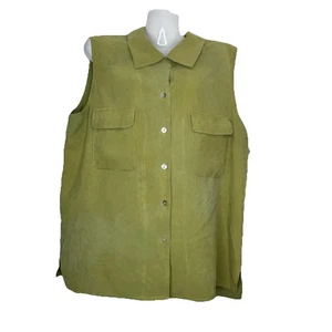 Silk Essentials Salvia Verde Seda XL Sin Mangas Botón Delantero Top Chaleco 100% Seda - Imagen 1 de 11