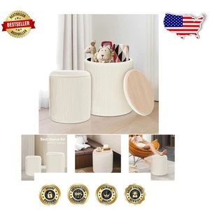 Beige Round Velvet Ottoman with Storage - Stylish Pouf for Living Room & Bedroom - Picture 1 of 9