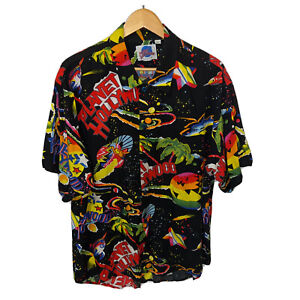 Vintage 90s Planet Hollywood AOP Space Surfer Hawaiian Shirt Colorful Size XL