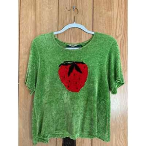Maglione vintage anni '90 a maniche corte taglia M/L verde intarsia alla fragola lavorato a maglia - Foto 1 di 8
