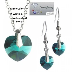 CZ jewerly set green 2 pc heart silver white gold necklace earring drop new - Picture 1 of 9