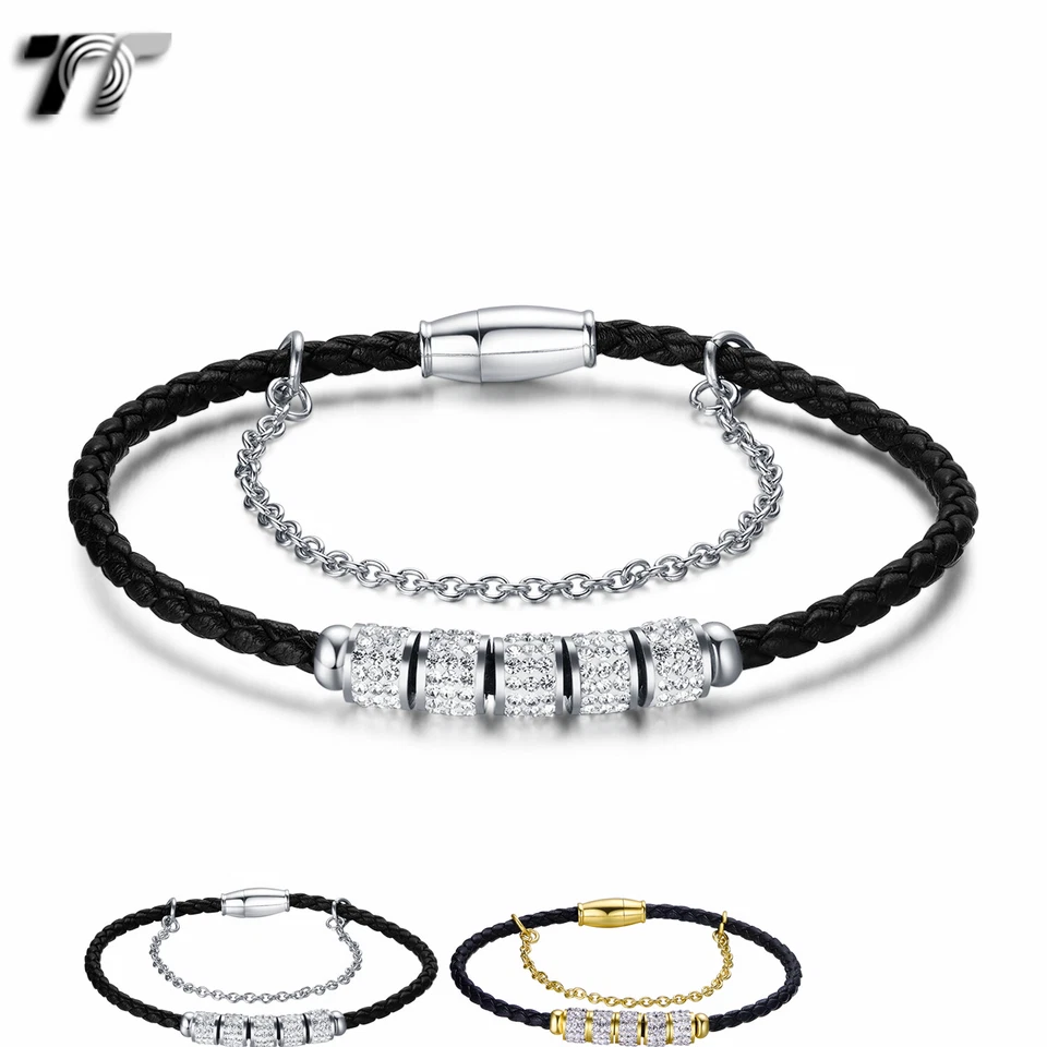 TT Black Leather 316L S.Steel Crystal Gem Beaded wristband BR263 NEW - Image 1 of 1