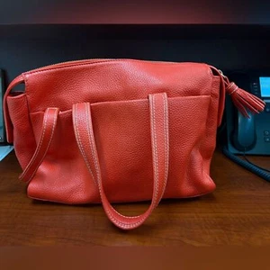 Boden Red Leather Satchel Top Handle Shoulder Bag Tassel Accent Designer Style - Picture 1 of 8