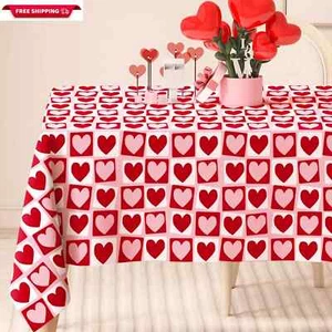Valentine'S Day Rectangle Tablecloth Red Pink Heart Fabric Table Cloth Washable - Picture 1 of 7
