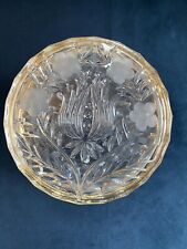 Clear Pressed Glass Etched Floral 4.5" Round Hinged Trinket Box Metal Rim