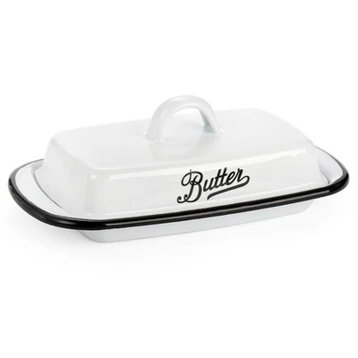 Enamel Butter Dish  Lid Vintage Enamelware White Butter Tray Black Rim Butters - Image 1 of 4