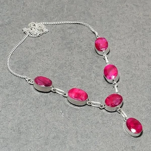 Faceted Kashmiri Ruby Oval Shape Gemstone Handmade Fashion Jewelry Necklace 18" - Picture 1 of 8